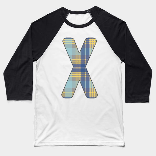 Monogram Letter X, Blue, Yellow and Grey Scottish Tartan Style Typography Design Baseball T-Shirt by MacPean